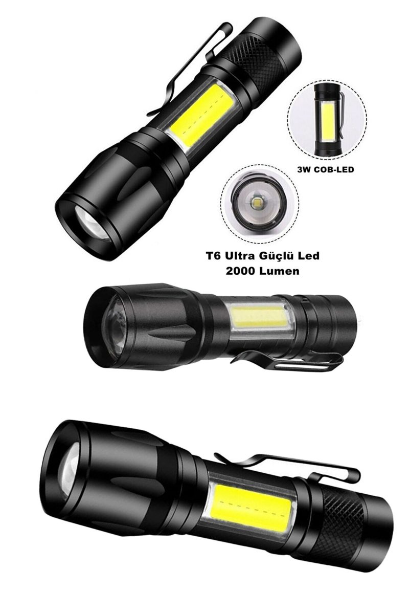 Ultra Çift Yönlü Güçlü Pilli Led El Feneri 2000 Lümen + 6w Cob Led Su Geçirmez Zoomlu 3 Modlu Kapıda Ödeme