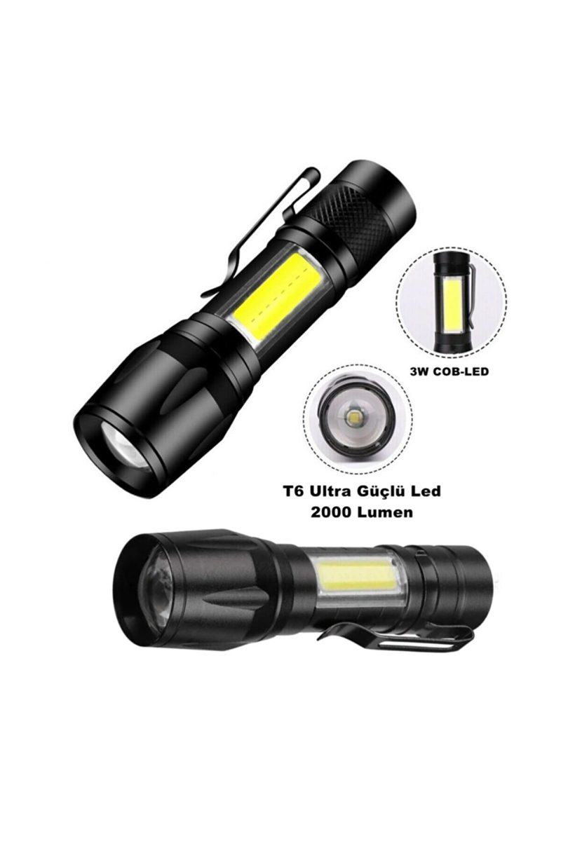 Ultra Çift Yönlü Güçlü Pilli Led El Feneri 2000 Lümen + 6w Cob Led Su Geçirmez Zoomlu 3 Modlu Kapıda Ödeme - Görsel 3