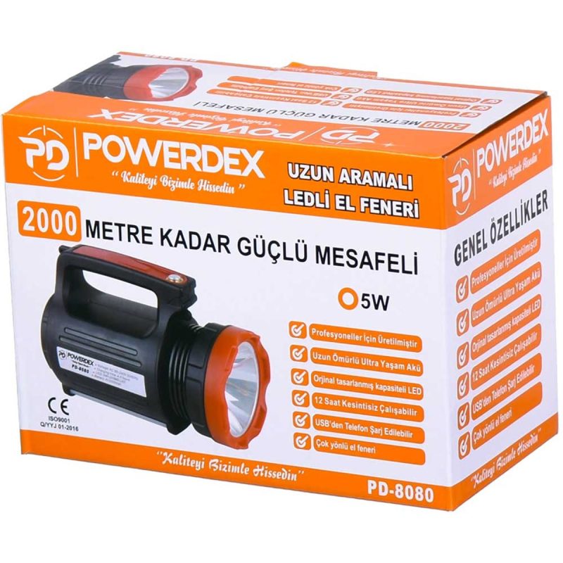 Pd-8080 5 Watt 2000 Metre Mesafeli Powerbanklı Işıldaklı Usb Li Şarjlı Projektör El Feneri Kapıda Ödeme - Görsel 4