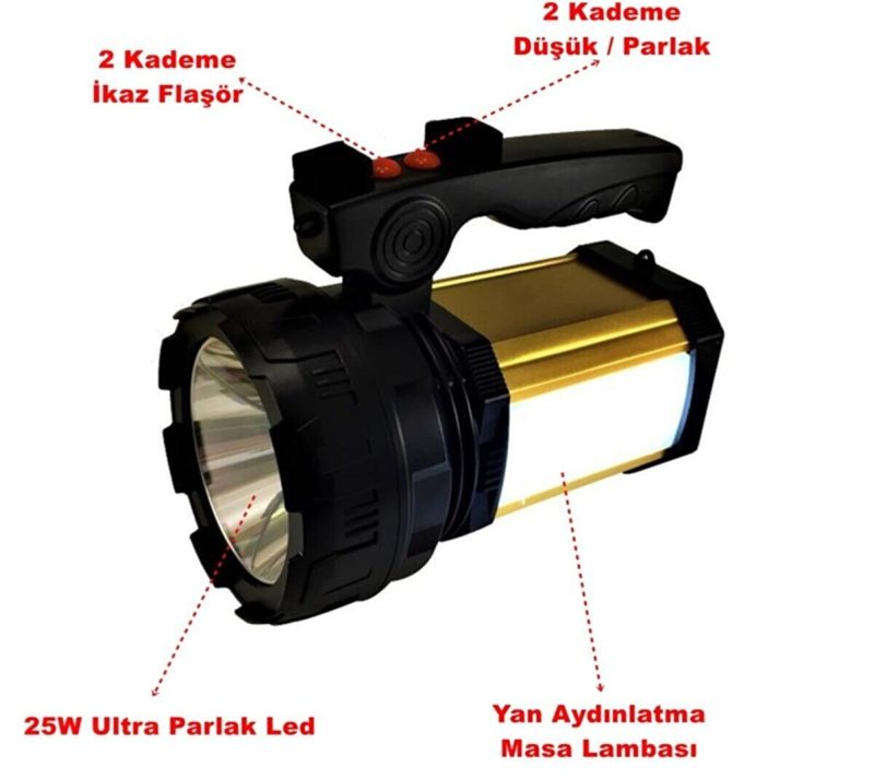 Projektör 25w Led Şarjlı El Feneri Sos Ve Uzun Menzil Powerbank Usb Çıkış + Yan Aydınlatma Kapıda Ödeme - Görsel 3
