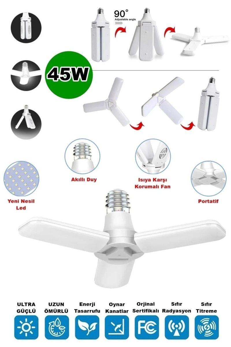 Pervane Ampül 45 W 3 Kollu Katlanır Pervane Led Ampül Tasarruflu Kanatlı Led Kapıda Ödeme - Görsel 4