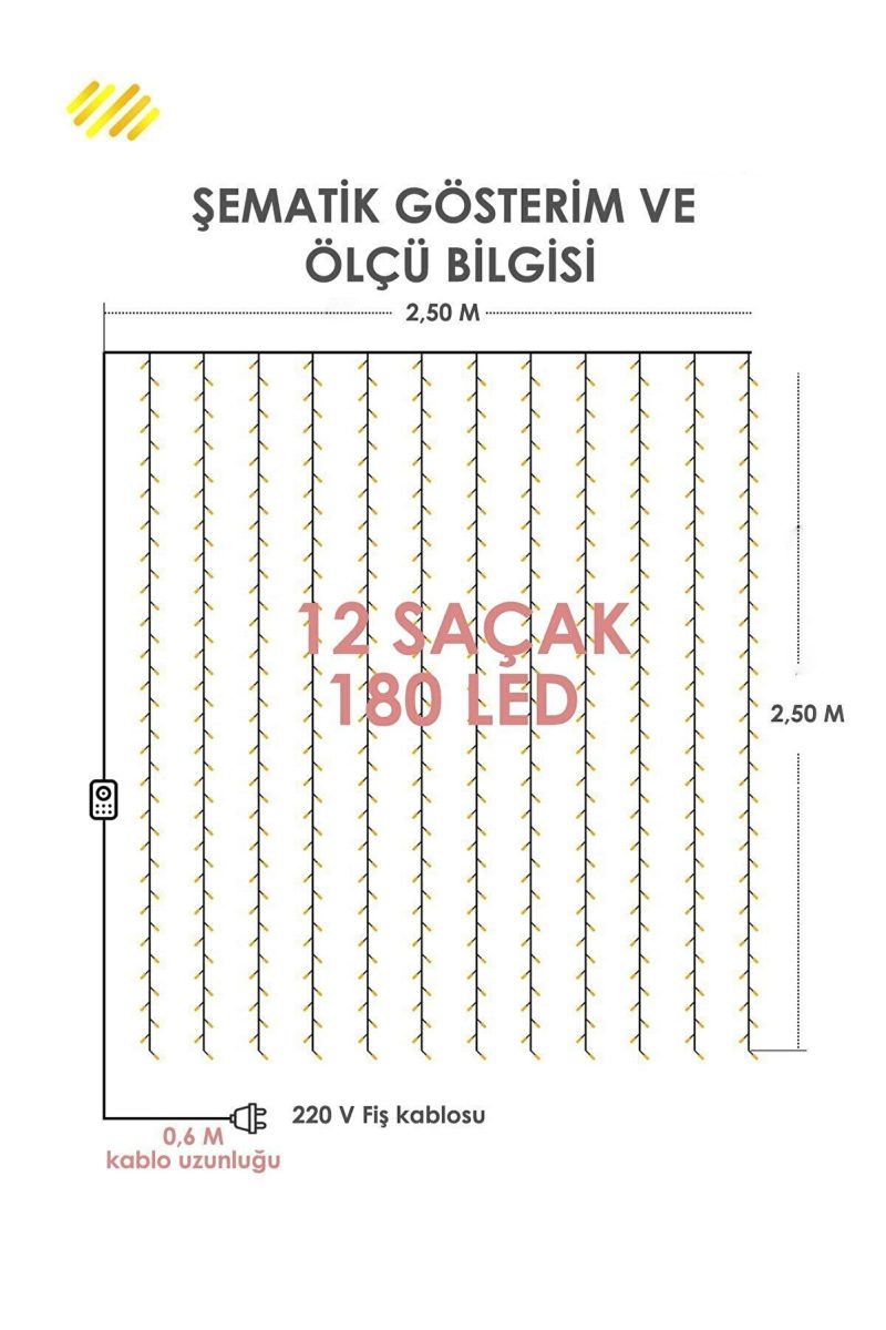 8 Fonksiyonlu 2.5 X 2.5 Metre Perde Led 12 Saçaklı 180 Ledli Kablolu Fişli Kapıda Ödeme - Görsel 6