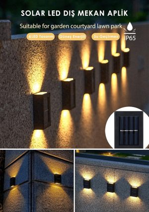 4 Ledli Solar Çift Taraflı Duvar Lambası Güneş Enerjili Aydınlatma Dekorasyon Aplik Işık kapıda ödem