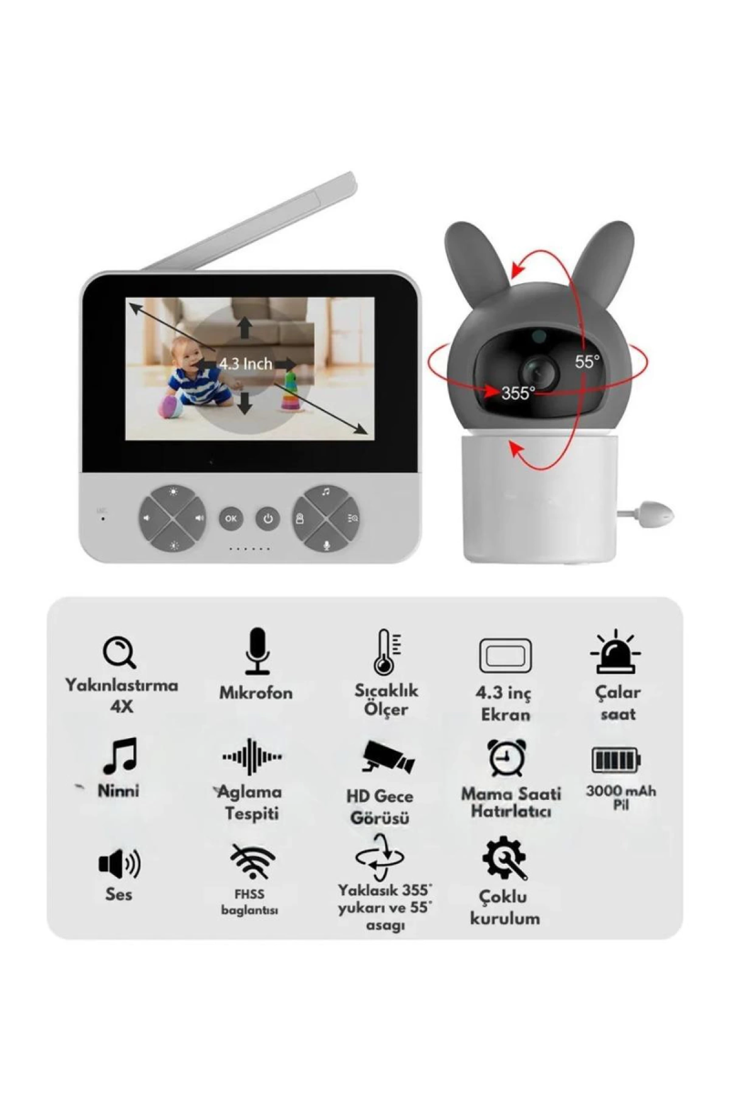 Bebek Kamerası Kumandalı Monitörlü Karşılıklı Konuşma Özellikli , Hatırlatıcılı Ip Bebek Kamerası - Görsel 3