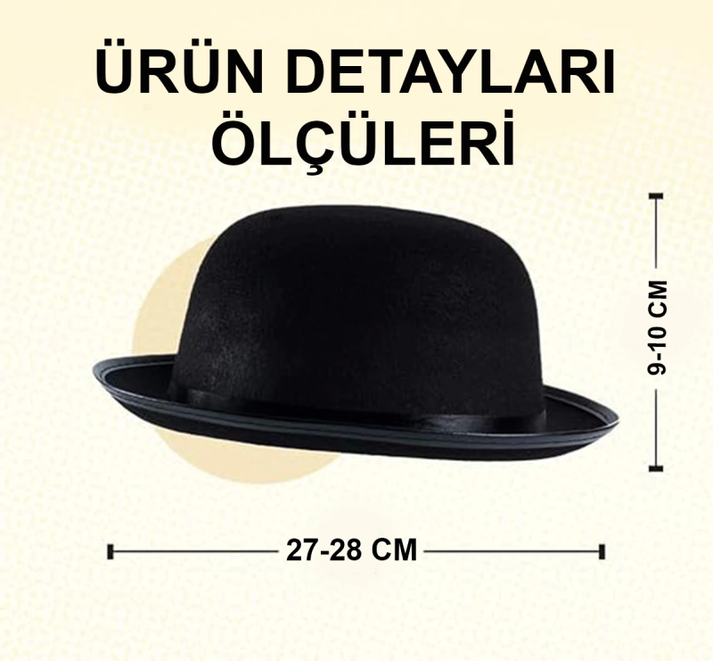 Charlie Chaplin Stil Yetişkin Şapkası – Siyah Melon Parti Şapkası - Görsel 5