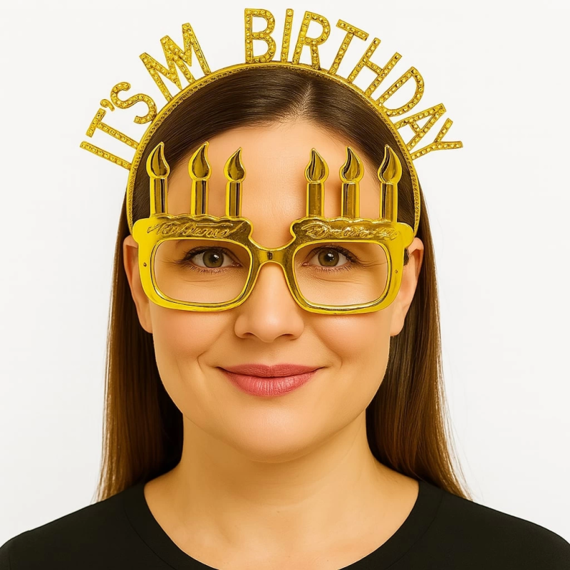 İt39s My Birthday Yazılı Taç Ve Mum Şekilli Gözlük Seti Altın Renk - Görsel 2