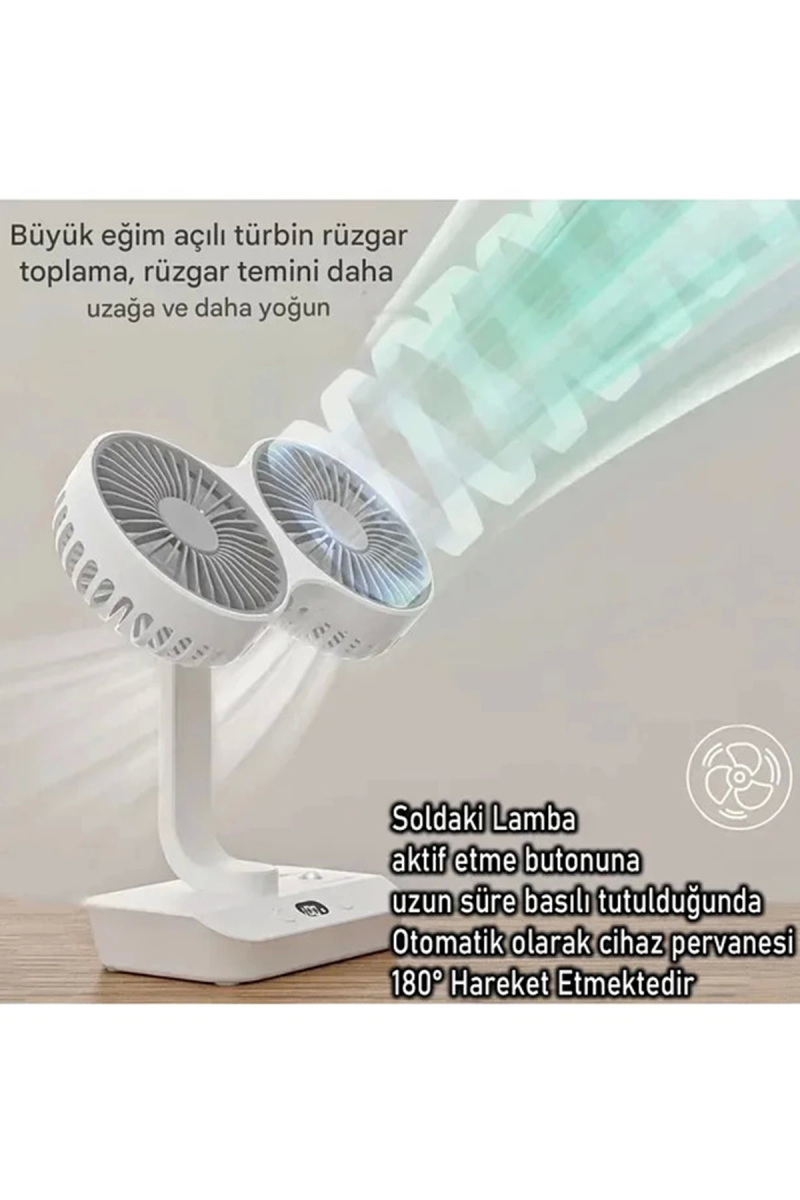 Masaüstü Dijital Ekranlı Çift Fanlı Led Işıklı Soğutucu Fan Ev Ofis Şarjlı Vantilatör - Görsel 2