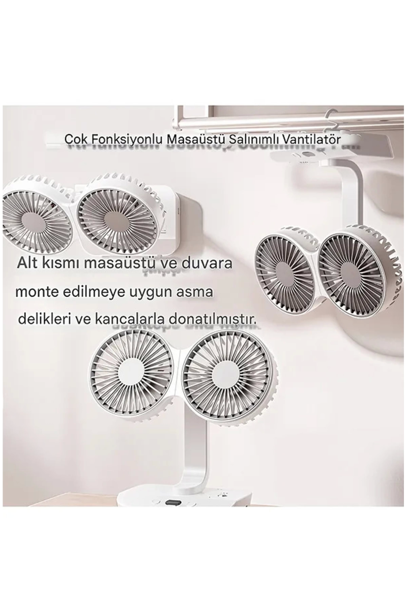 Masaüstü Dijital Ekranlı Çift Fanlı Led Işıklı Soğutucu Fan Ev Ofis Şarjlı Vantilatör - Görsel 3