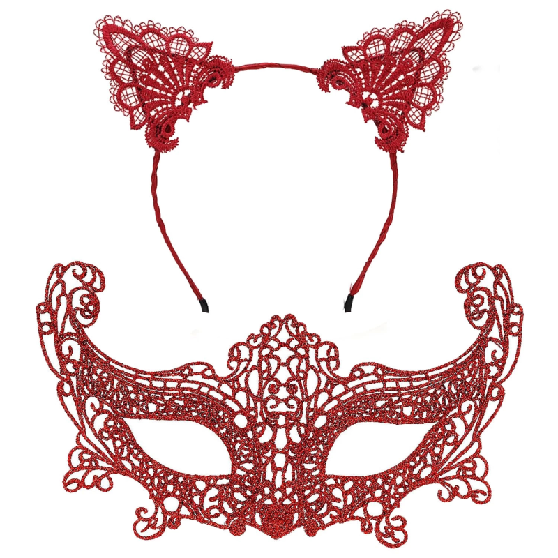 Romantik Kırmızı Dantel Maske Seti – Kedi Kulaklı Taç Ve Maske 3 No - Görsel 2