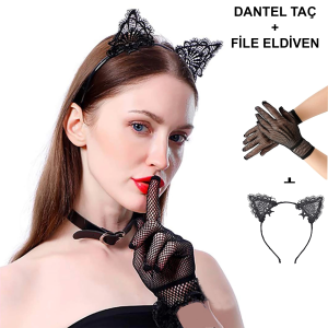 Siyah Kedi Dantel Taç + Eldiven Seti – Parti