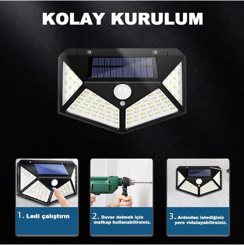 100 Led DIŞ Mekan Solar Aydınlatma Fotoselli Solar Lamba Hareket Sensörlü - Görsel 4