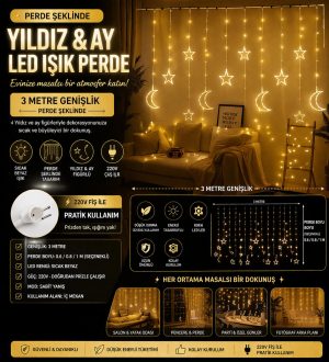 3 Metre Perde LED Işık Zinciri - Yıldız ve Ay Figürlü