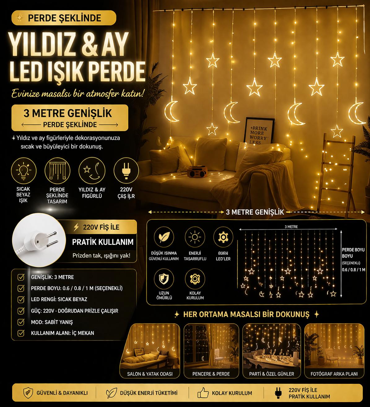 3 Metre Perde LED Işık Zinciri - Yıldız ve Ay Figürlü