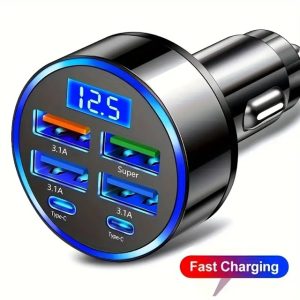 6 Portlu Hızlı Araç Şarj Cihazı – 4 USB + 2 Type-C Çıkışlı Dijital Göstergeli Oto Şarjı kapıda ödem