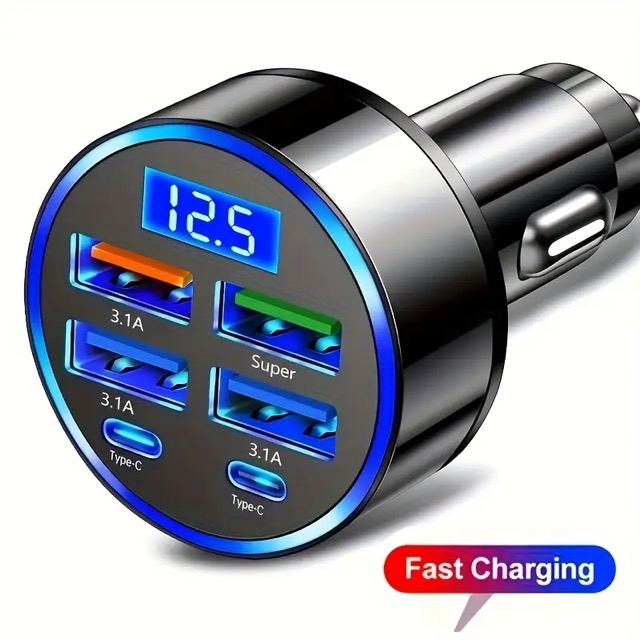 6 Portlu Hızlı Araç Şarj Cihazı – 4 USB + 2 Type-C Çıkışlı Dijital Göstergeli Oto Şarjı kapıda ödem