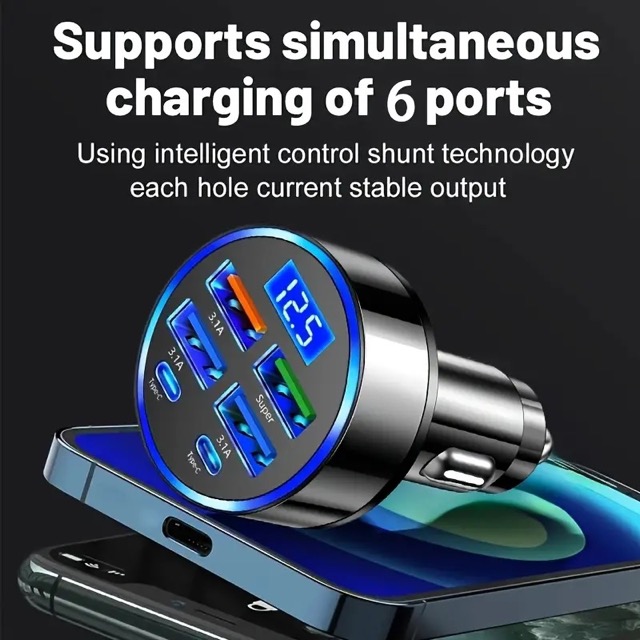 6 Portlu Hızlı Araç Şarj Cihazı – 4 USB + 2 Type-C Çıkışlı Dijital Göstergeli Oto Şarjı Kapıda Ödeme - Görsel 3