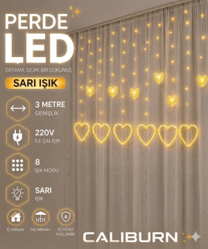 3 Metre 8 Modlu Kalp Perde LED Işık - Sarı (Sıcak Beyaz) Işık Dekoratif Işıklandırma Oda Dekoru kapıda ödeme