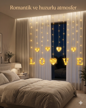 3 Metre Perde Led Işık - 8 Modlu Kalp ve LOVE Figürlü Dekoratif Animasyonlu Led kapıda ödeme