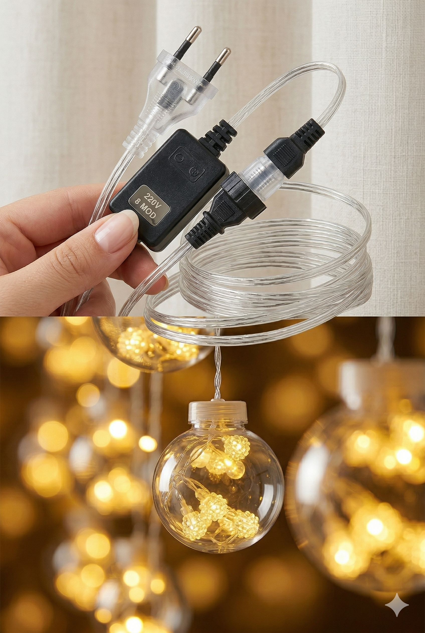 3 Metre 10 Toplu Perde LED Işık - Gün Işığı Şeffaf Dekoratif Aydınlatma - 8 Fonksiyonlu Led - Görsel 5