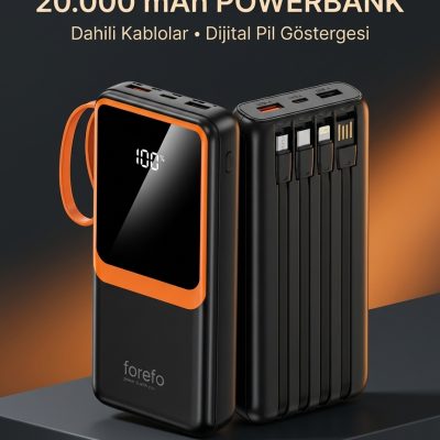 1. Çoklu Çıkışlı 20000 mAh Powerbank Entegre Kablolu Dijital Ekranlı Taşınabilir Şarj Cihazı