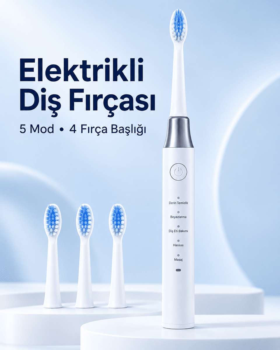 1. Hassas ve Masaj Modlu USB Şarjlı Beyaz Elektrikli Diş Fırçası 3 Başlık Hediyeli
