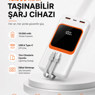 10.000 mAh Bataryalı, Dijital Göstergeli Taşınabilir Powerbank