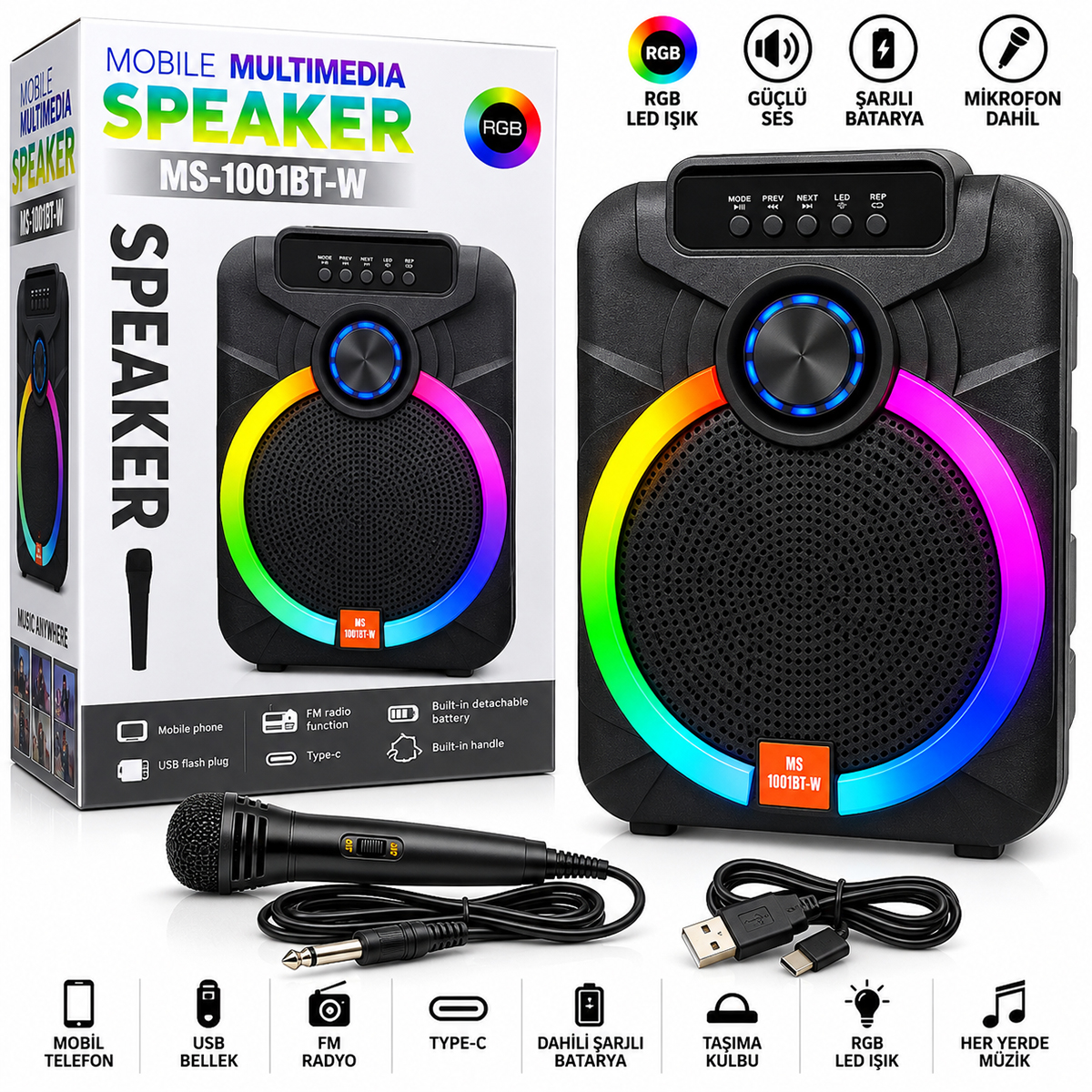 10" Karaoke Bluetooth Hoparlör (Mikrofonlu, Şarjlı, RGB)