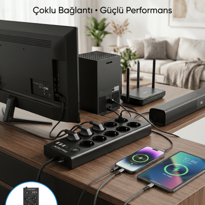 10 Prizli USB Destekli Çoklu Priz Type-C Şarj Girişli Güvenli Güç Ünitesi
