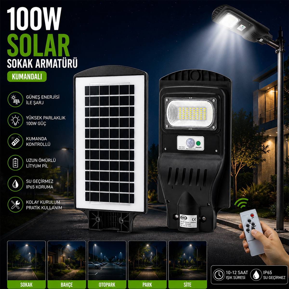 100W Güneş Enerjili Sokak Lambası 6500K Sensörlü Kumandalı