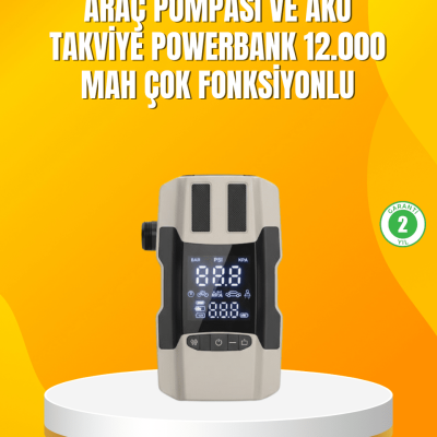 12.000 mAh Akü Takviye Powerbank Dahili Hava  Dijital Ekranlı