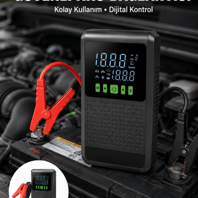 12.000 mAh Şarjlı Araç Akü Takviye ve Işıklı Hava Kompresörü Yeni Nesil