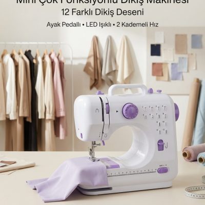 12 Farklı Dikiş Desenli Mini Dikiş Makinesi Ayak Pedallı LED Işıklı Ev Tipi Kullanım