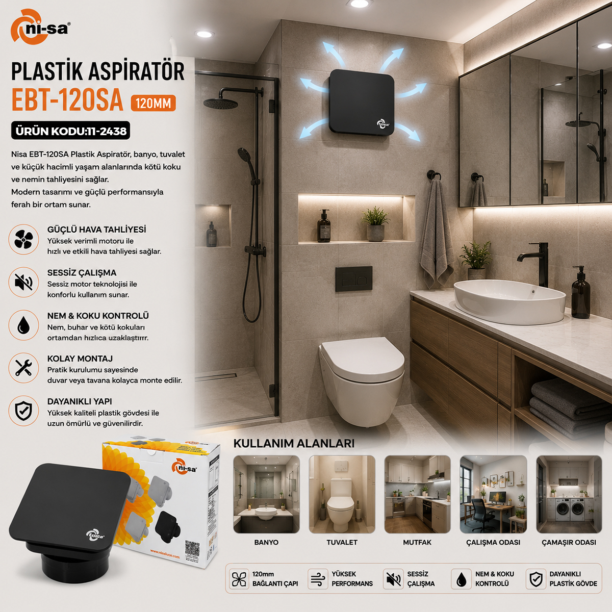 120 mm Plastik Banyo/Tuvalet Aspiratörü (16W, 180 m³/h)