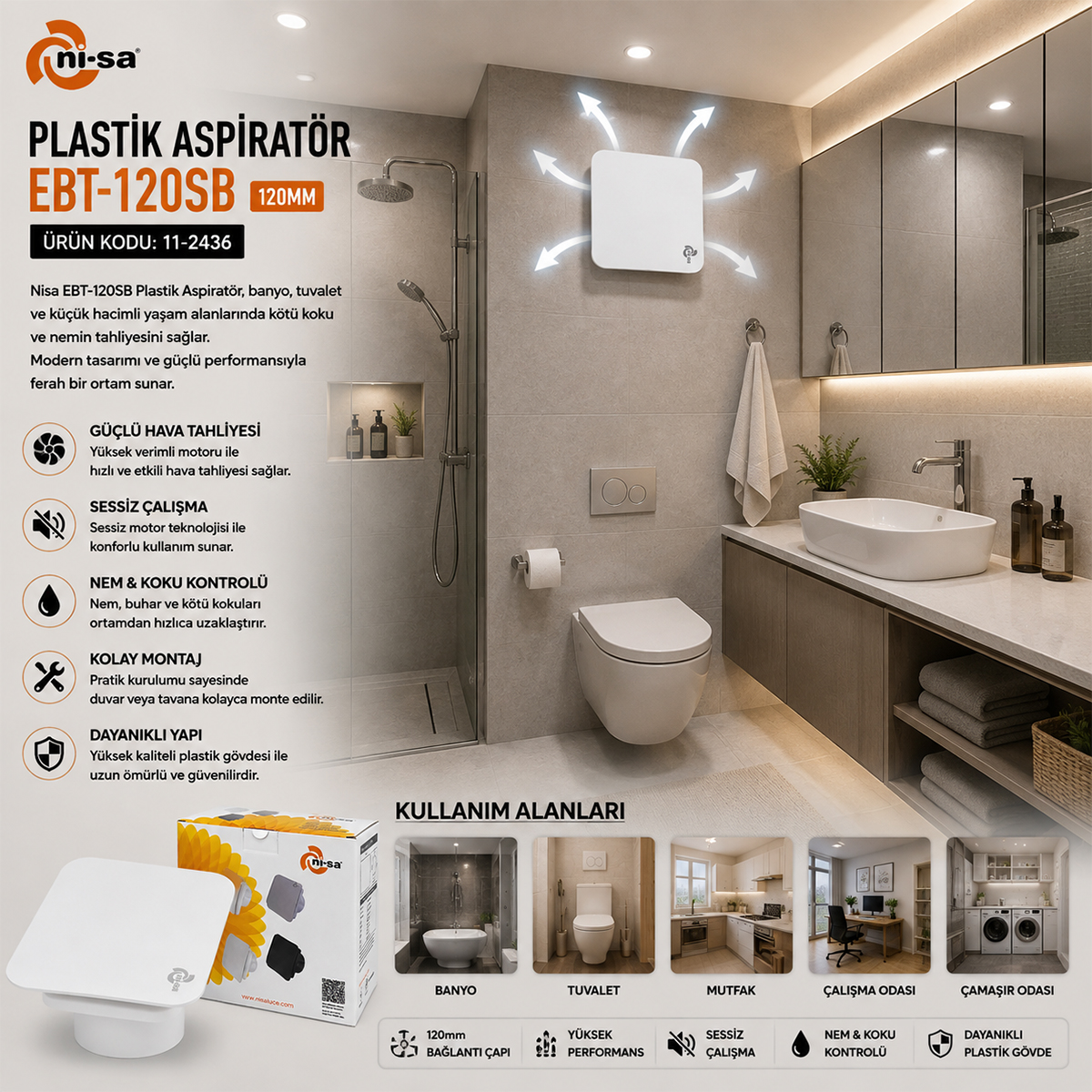 120 mm Plastik Banyo Tuvalet Aspiratörü 16W 80m³/h