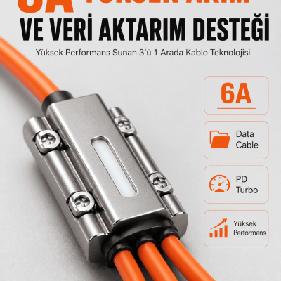 120W Hızlı Şarj Destekli 3'ü 1 Arada Çok Amaçlı Şarj ve Veri Aktarım Kablosu