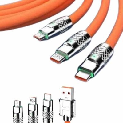 120W Silikon Metal Uçlu LED Işıklı 3 In1 Şarj Kablosu 1.2m