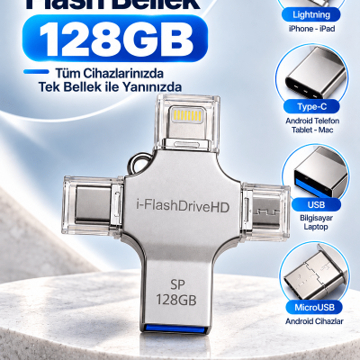 128GB 4in1 Flash Bellek USB-A Type-C Lightning MicroUSB Telefon Tablet Bilgisayar Uyumlu