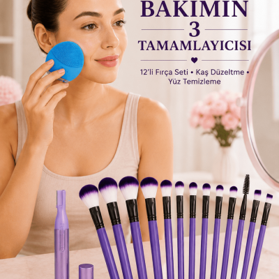 12’li Makyaj Fırça Seti Kaş Düzeltme Cihazı ve Yüz Temizleme Cihazı 3’lü Kadın Güzellik ve Bakım Seti