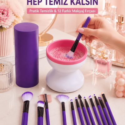 12’li Makyaj Fırça Seti ve Elektrikli Fırça Temizleme Cihazı Avantajlı İkili Makyaj Bakım Seti