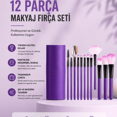 12'li Makyaj Fırça Seti Yumuşak Kıllı Profesyonel Kullanıma Uygun