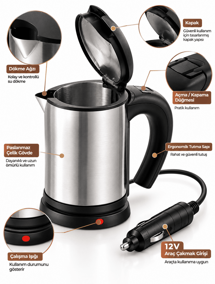 Otomobilde Kullanıma Uygun 12V Çakmak Soketli Paslanmaz Çelik Pratik Su Isıtıcı Kettle