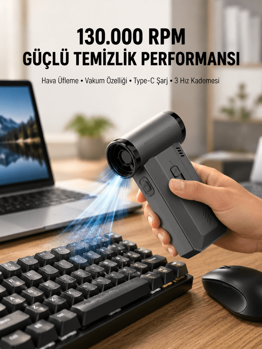130000 RPM Çok Fonksiyonlu Şarjlı Hava Üfleme ve Vakum Temizlik Cihazı