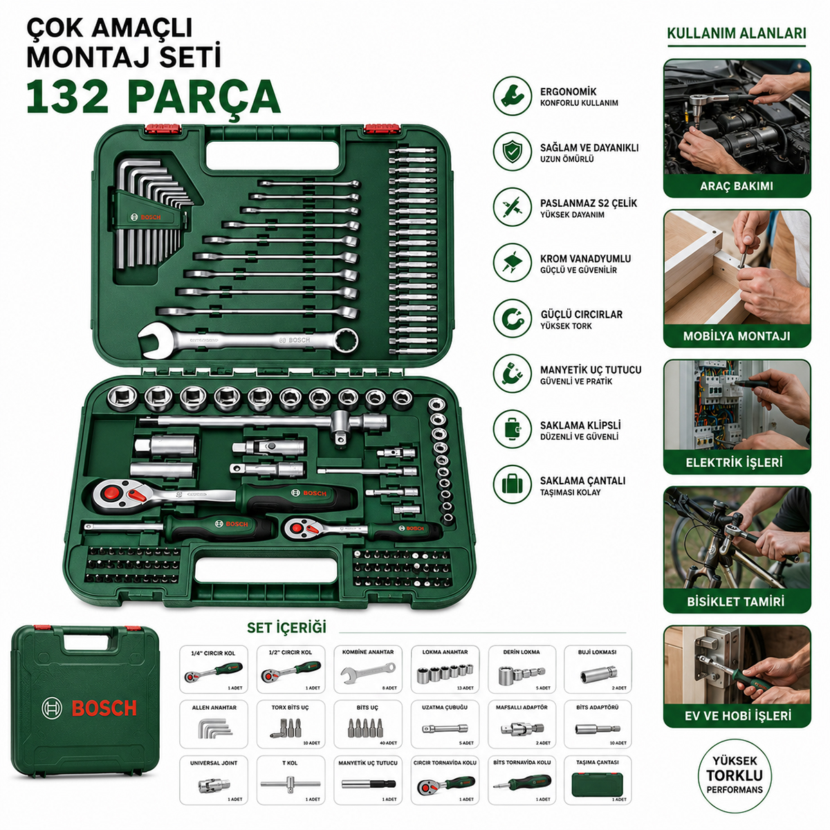 132 Parça 1/2 inç & 1/4 inç Lokma Takımı - Cırcır, Alyan, Bits ve Uzatma Uçları