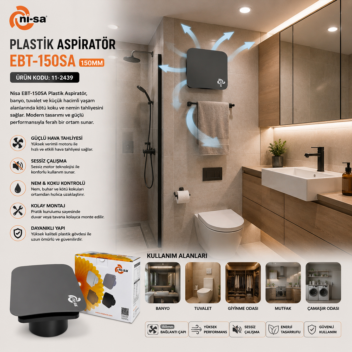 150 mm Banyo Tuvalet Havalandırma Aspiratörü 20W 320 m³/h