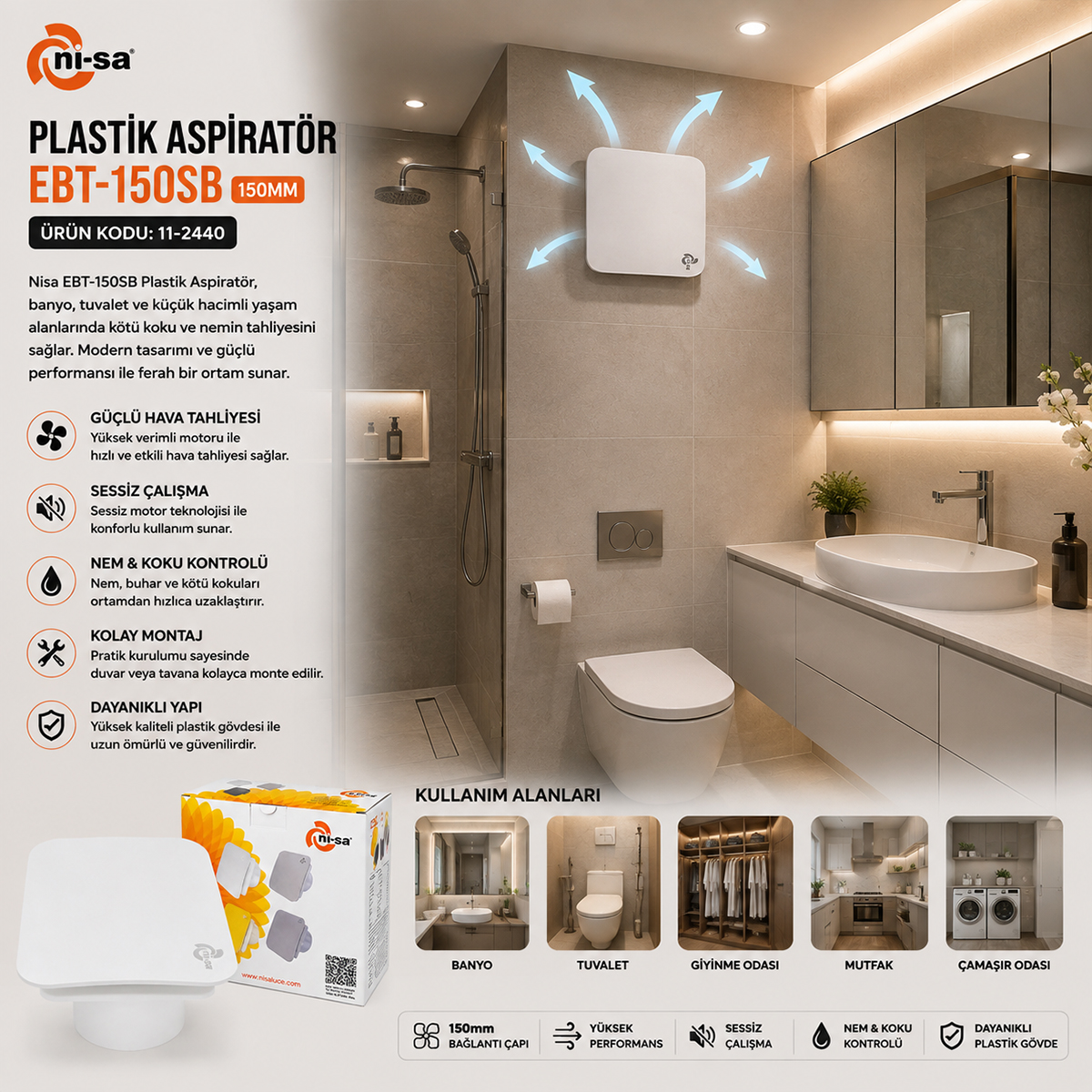 150 mm Plastik Banyo Havalandırma Aspiratörü 20W 320 m³/h