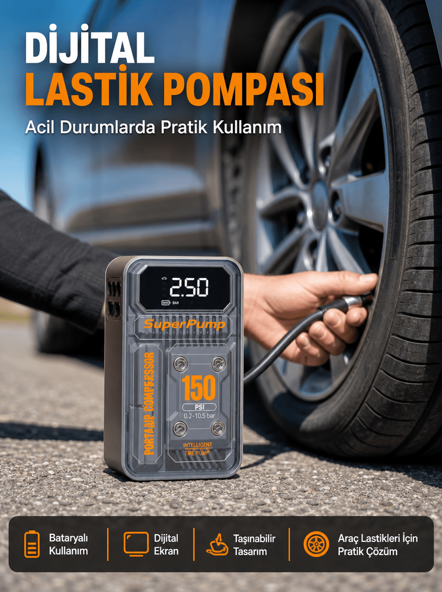 150 PSI Kablosuz Dijital Ekranlı Taşınabilir Araç Lastik Pompası