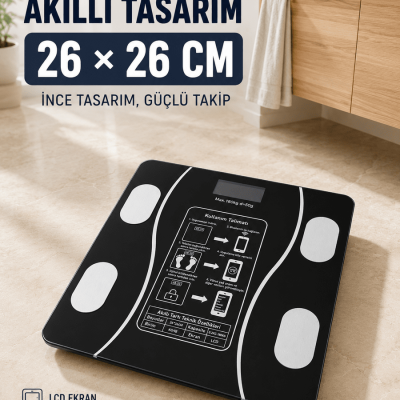 180 Kg Akıllı Cam Tartı Bluetooth Vücut Yağ Kas Su ve BMI Ölçüm Destekli Baskül