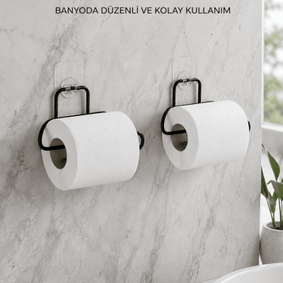 2 Adet Siyah Yapışkanlı Kağıtlık Duvar Tipi Tuvalet Kağıdı ve Rulo Tutucu
