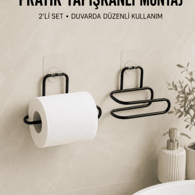 2 Adet Yapışkanlı WC Kağıtlık Siyah Metal Pratik Duvar Tipi Rulo Tutucu