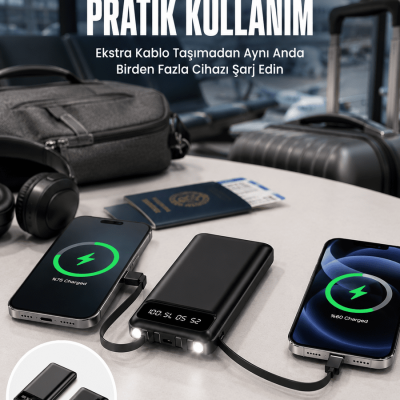 20.000 Mah Led Işıklı LCD Ekran USB Girişli Type-C Lightning Powerbank Yeni Nesil
